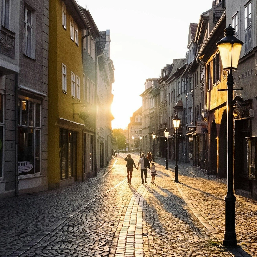 A family explore a historic town